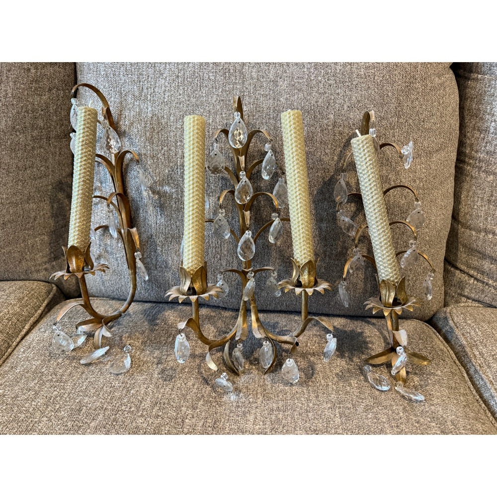 Vintage Gold Metal Crystal Wall Sconce Set 3 Piece with Crystals